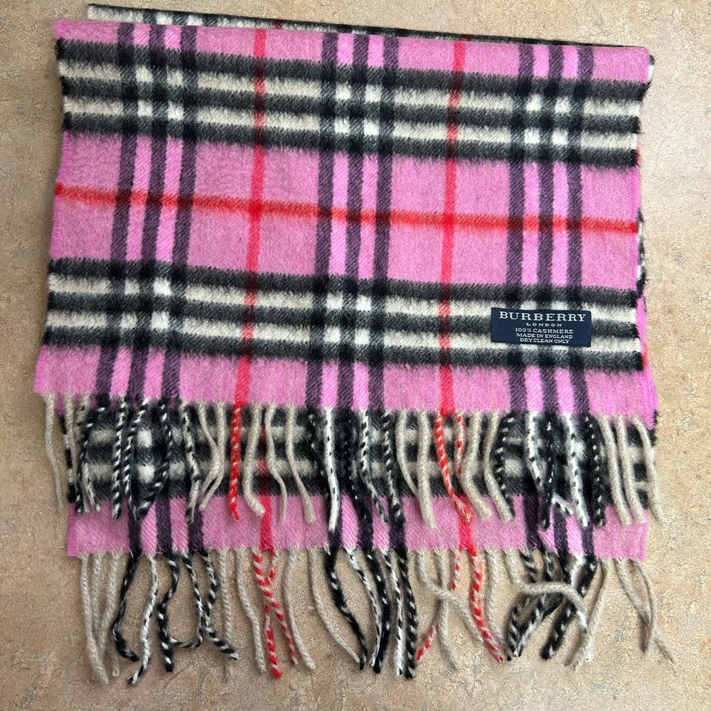 Pink Plaid Burberry Cashmere Fringe Trim Scarf